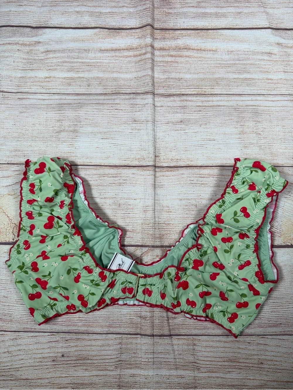 Frankie's Bikinis x PINK Mint Green Cherry Ruffle Bikini Top